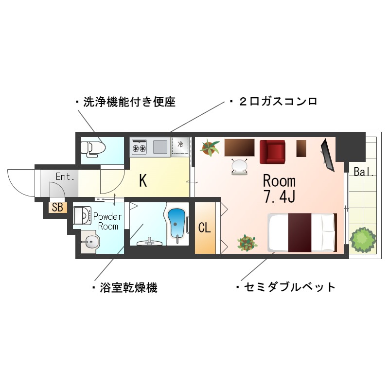 ★SステイAP四天王寺Ⅱ★インターネットWi-Fiレンタル可★セミダブルベッド・浴室暖房乾燥機・オートロック・温水洗浄便座・独立洗面化粧台・ガス２口K ★