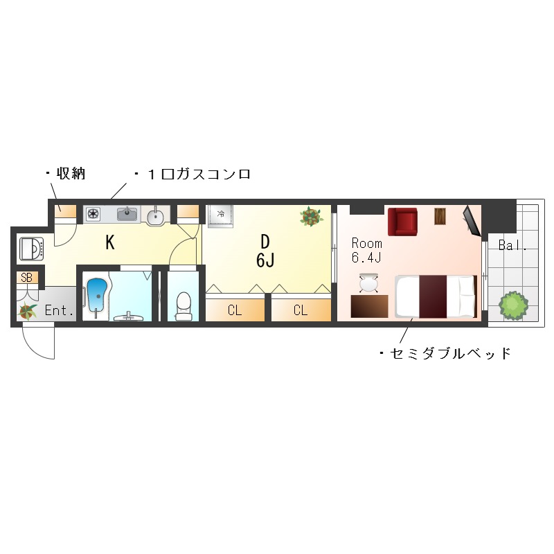 ★SステイEL天満橋【禁煙ルーム・１DK・セミダブルベッド】★インターネットWi-Fiレンタル可★独立洗面台・ガスキッチン・オートロック★分譲マンション★