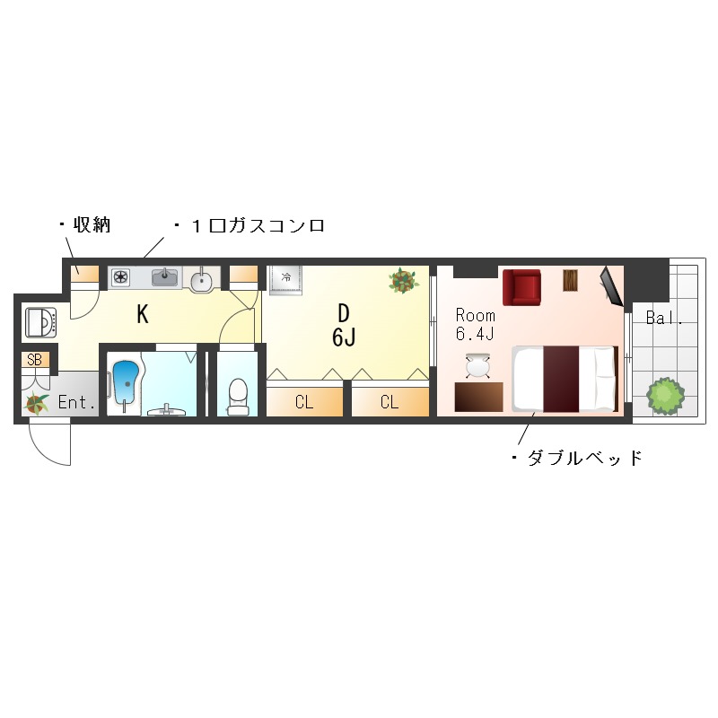 ★SステイEL天満橋【禁煙ルーム・１DK・ダブルベッド】★インターネットWi-Fiレンタル可★独立洗面台・ガスキッチン・オートロック★分譲マンション★